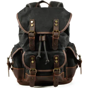 Rugged Vintage Canvas PU Leather Drawstring Backpack