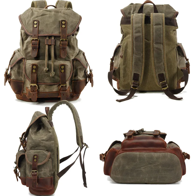 Rugged Vintage Canvas PU Leather Drawstring Backpack
