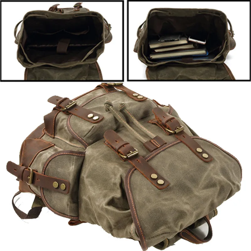 Rugged Vintage Canvas PU Leather Drawstring Backpack