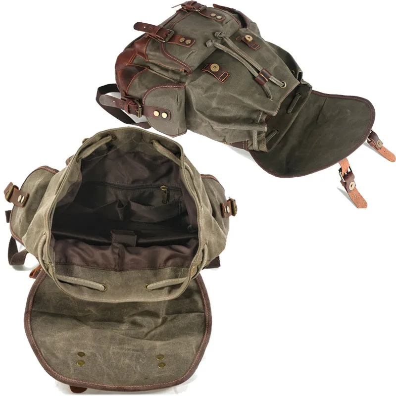 Rugged Vintage Canvas PU Leather Drawstring Backpack