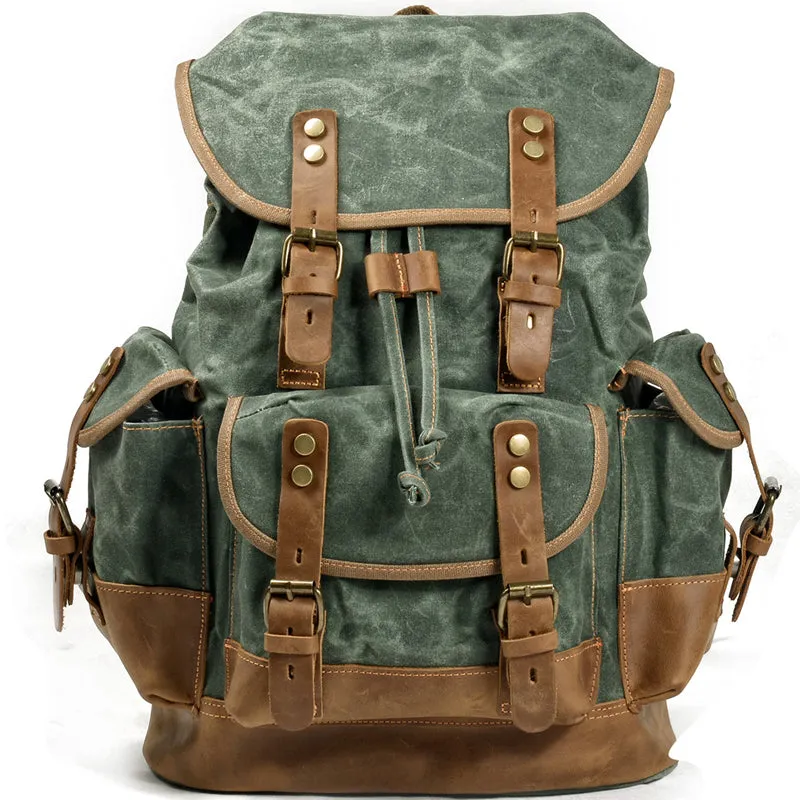 Rugged Vintage Canvas PU Leather Drawstring Backpack