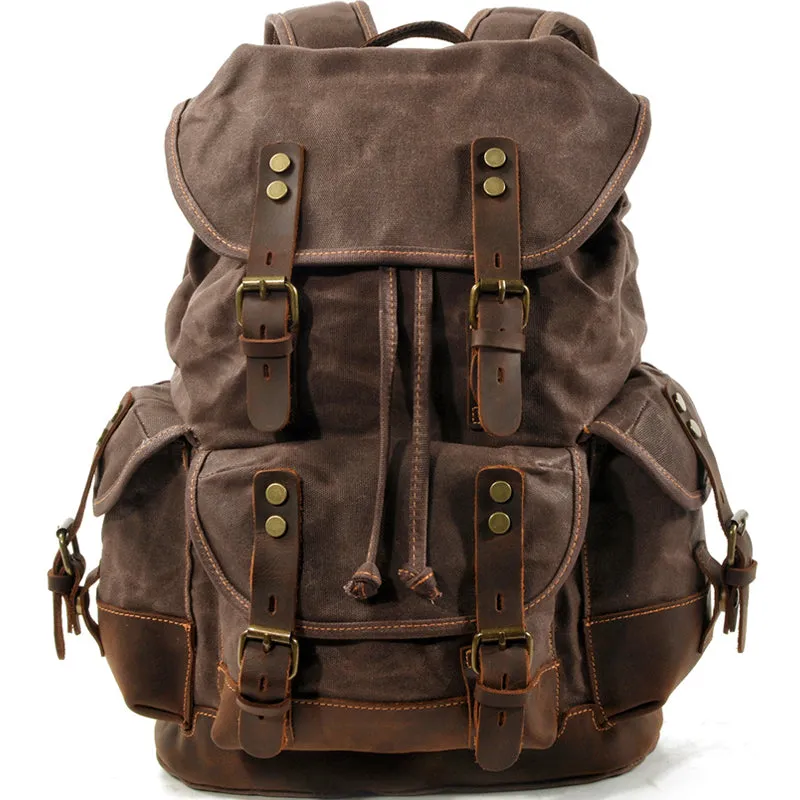 Rugged Vintage Canvas PU Leather Drawstring Backpack