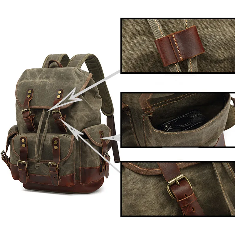 Rugged Vintage Canvas PU Leather Drawstring Backpack