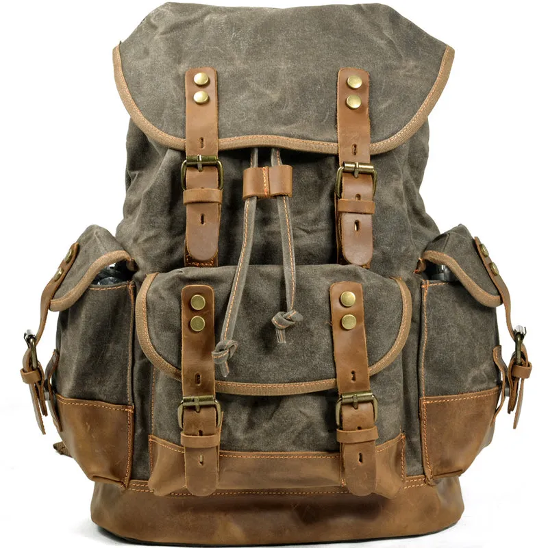 Rugged Vintage Canvas PU Leather Drawstring Backpack