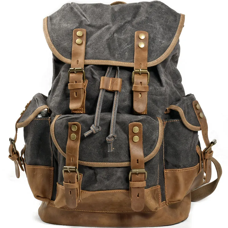 Rugged Vintage Canvas PU Leather Drawstring Backpack