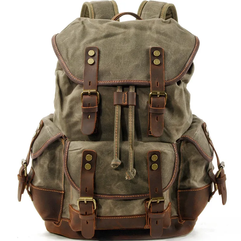 Rugged Vintage Canvas PU Leather Drawstring Backpack