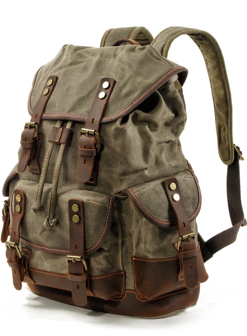 Rugged Vintage Canvas PU Leather Drawstring Backpack