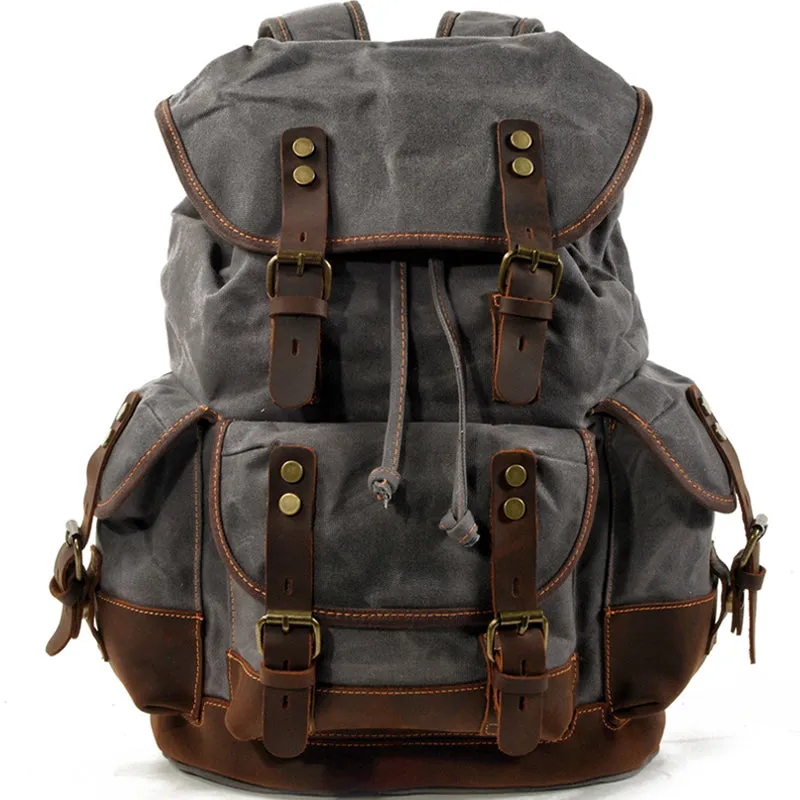 Rugged Vintage Canvas PU Leather Drawstring Backpack