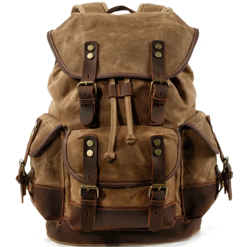 Rugged Vintage Canvas PU Leather Drawstring Backpack