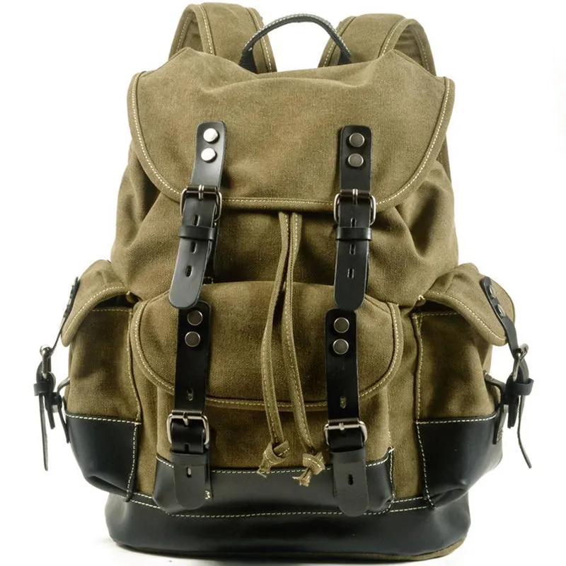 Rugged Vintage Canvas PU Leather Drawstring Backpack
