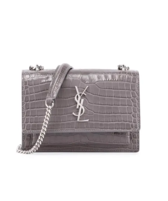 SAINT LAURENT Grey Sunset Croc Embossed Mini Grey Leather Shoulder Bag