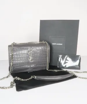 SAINT LAURENT Grey Sunset Croc Embossed Mini Grey Leather Shoulder Bag