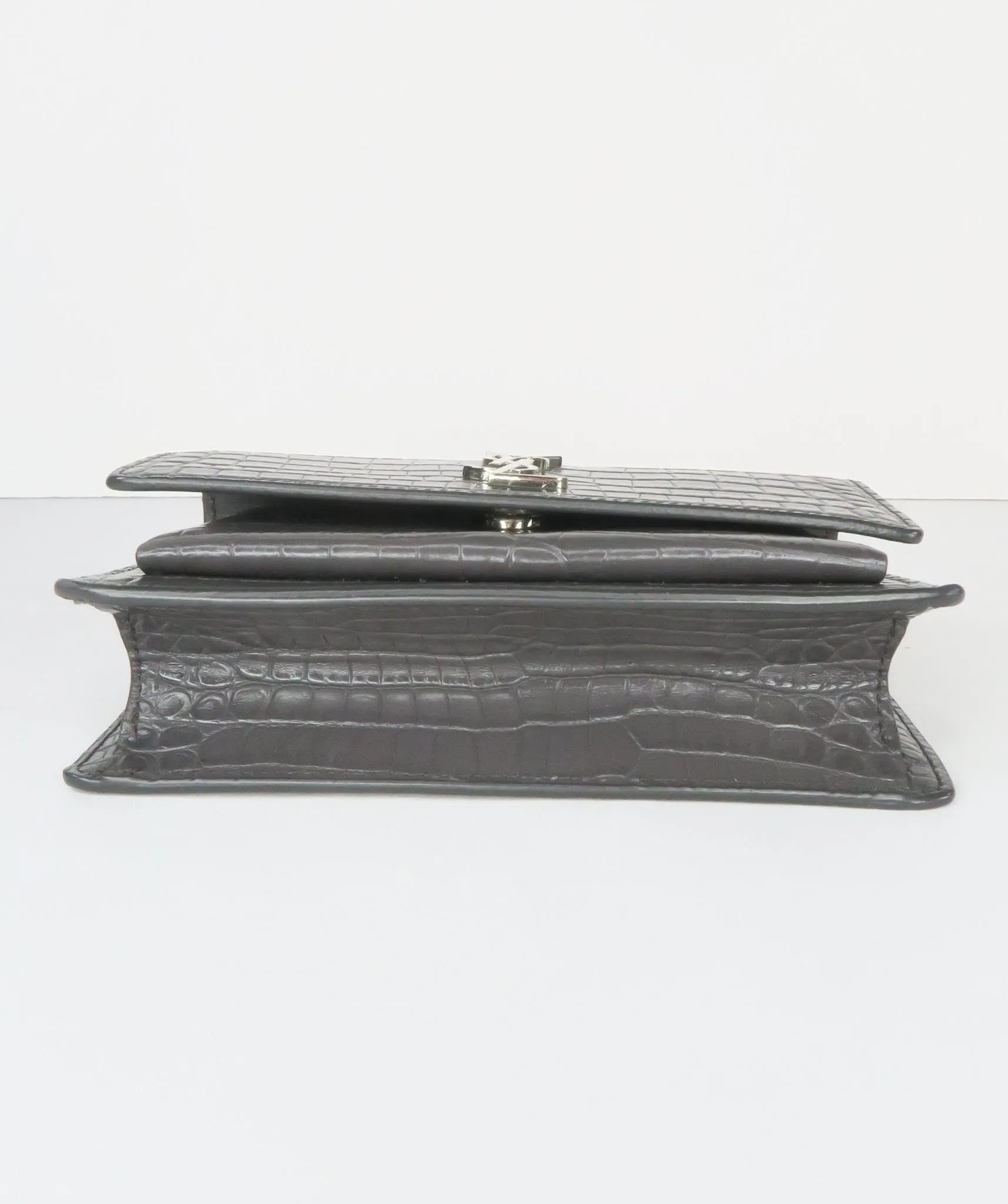 SAINT LAURENT Grey Sunset Croc Embossed Mini Grey Leather Shoulder Bag