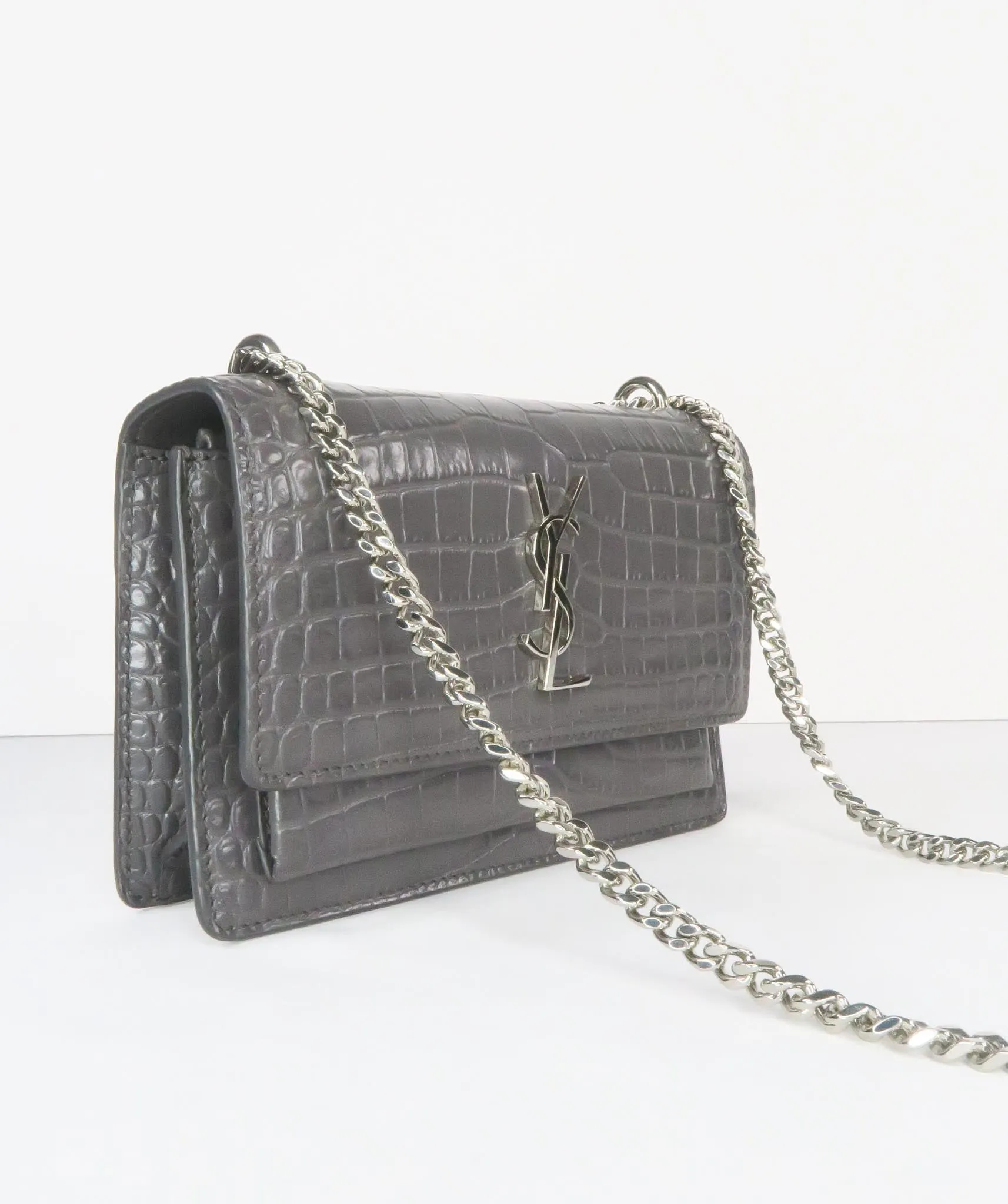 SAINT LAURENT Grey Sunset Croc Embossed Mini Grey Leather Shoulder Bag