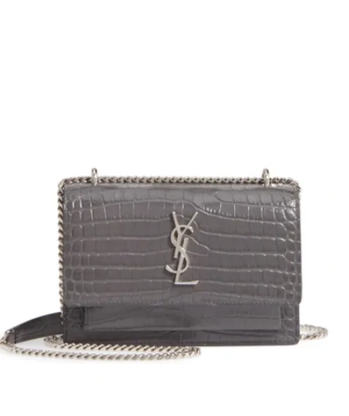 SAINT LAURENT Grey Sunset Croc Embossed Mini Grey Leather Shoulder Bag