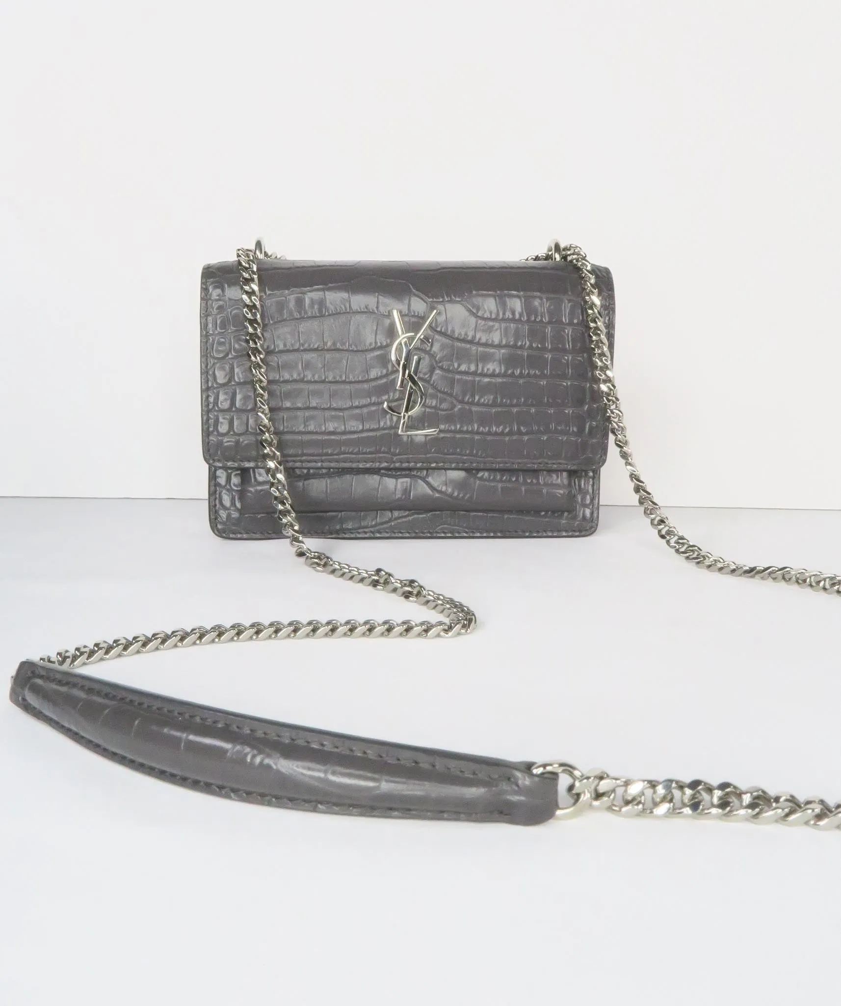 SAINT LAURENT Grey Sunset Croc Embossed Mini Grey Leather Shoulder Bag