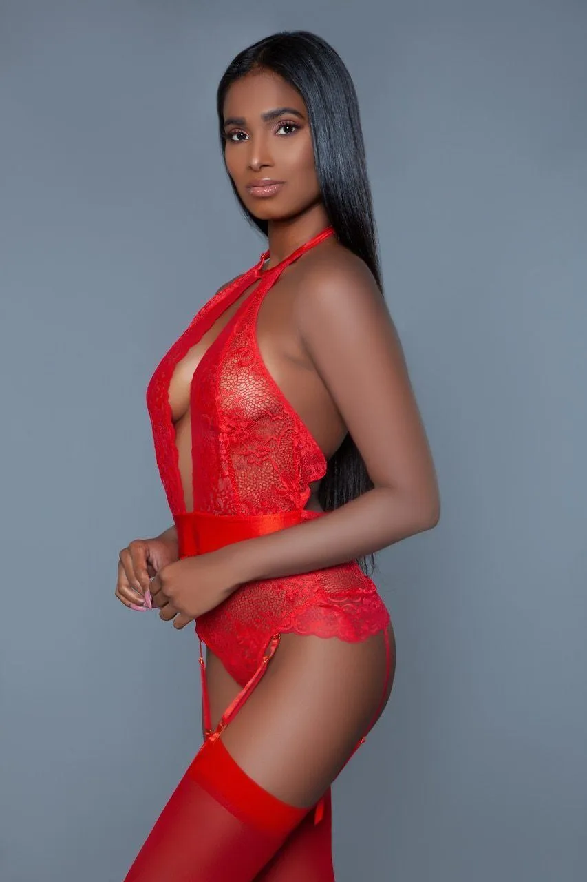 Satin Trimmed Floral Lace Bodysuit
