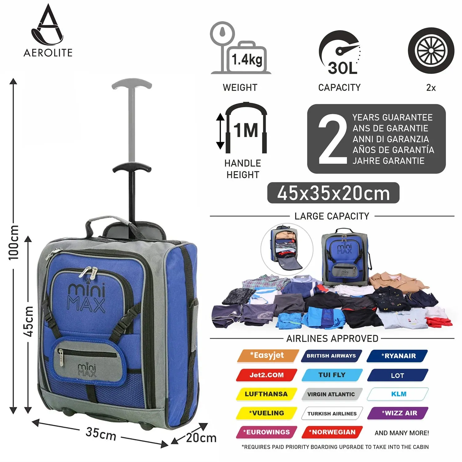 Sets of Aerolite MiniMAX (45x36x20cm) easyJet Maximum Cabin Luggage Under Seat Carry On Suitcase with Backpack and Pouch for Your Favourite Doll/Action Figure/Bear (Blue x 3)