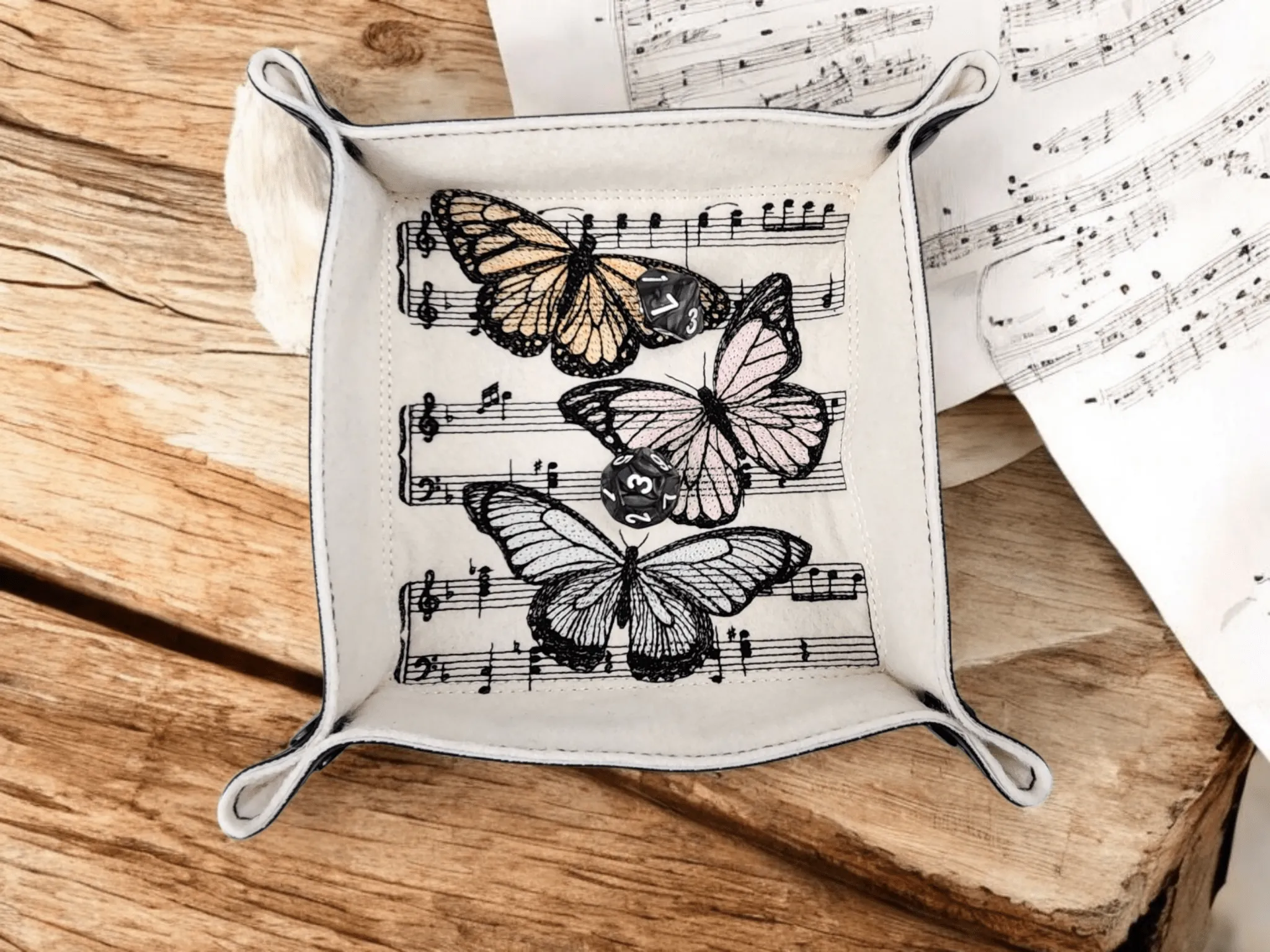 Sheet music and butterflies dice tray