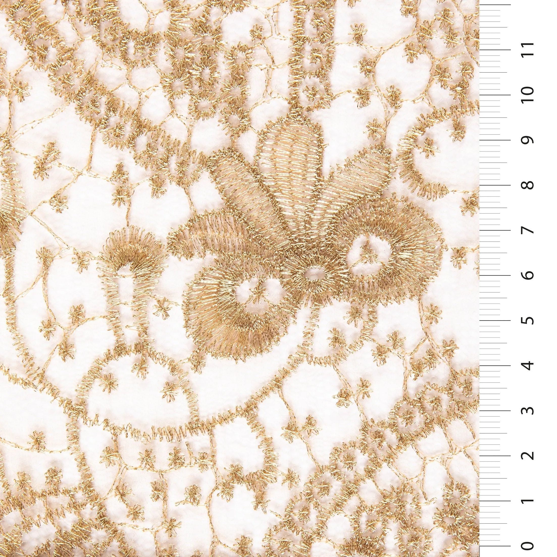 Shiny Lace Thread Embroidered Fabric with Far Eastern Style Oval Flower Design