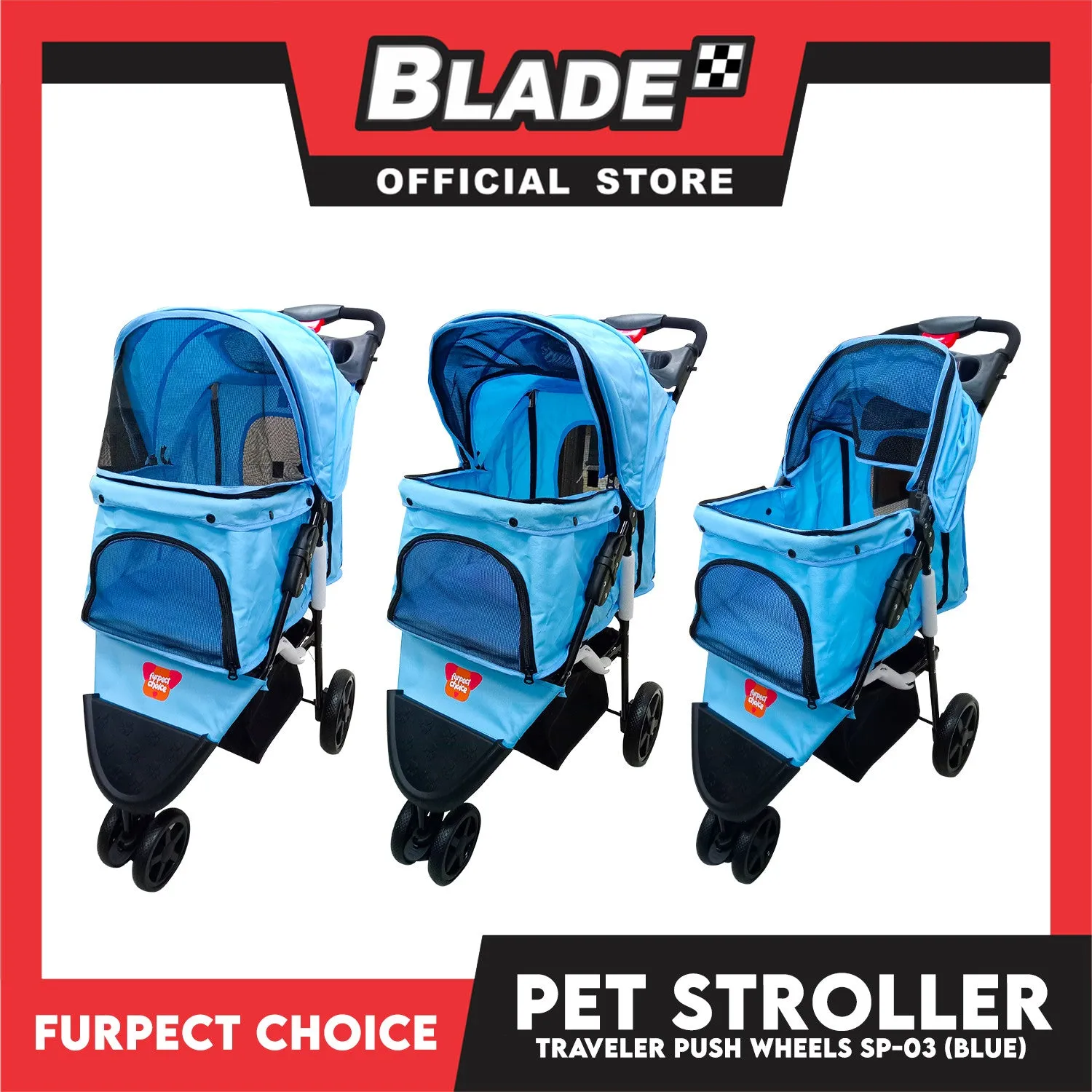 Silver Pet Pet Stroller Travel Push 4 Wheels for Cats and Dogs, Blue Color SP-03