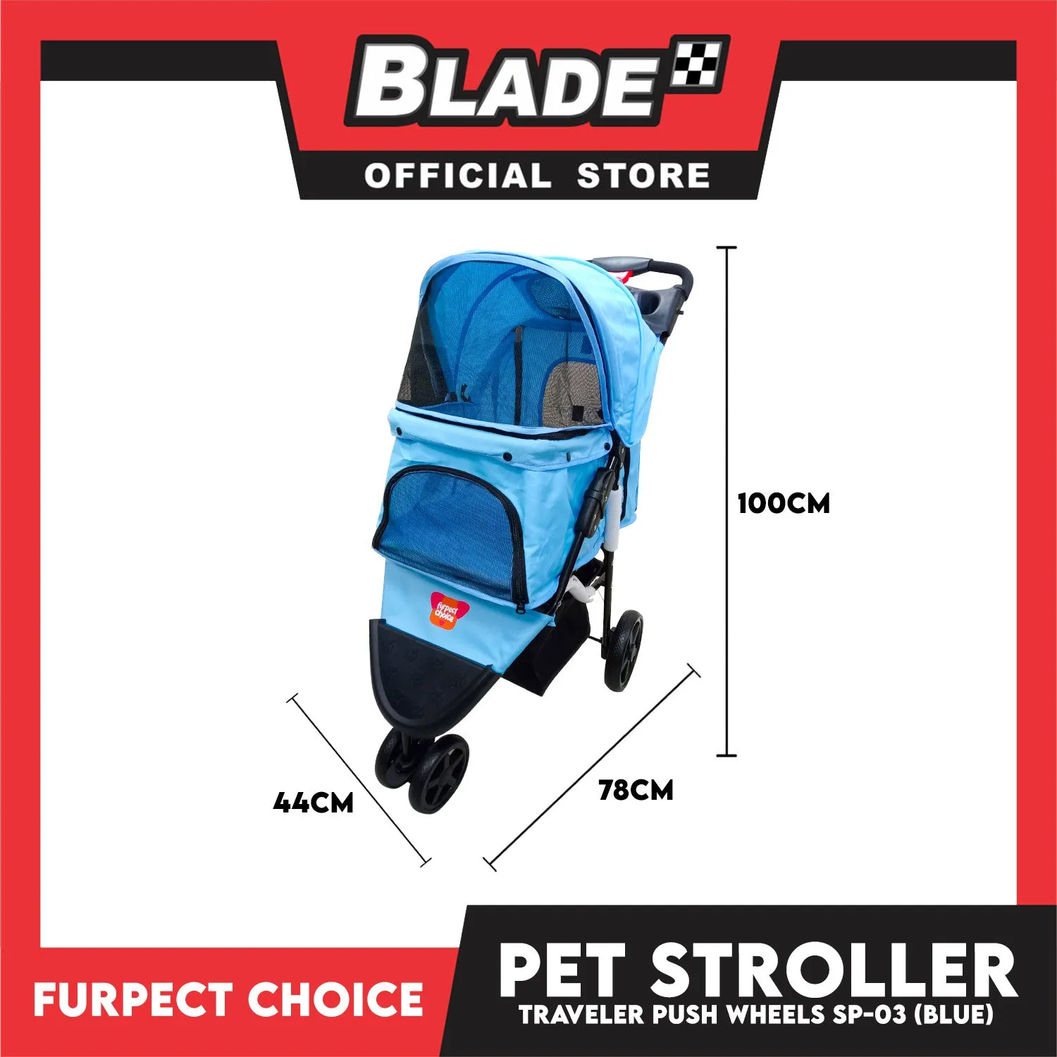 Silver Pet Pet Stroller Travel Push 4 Wheels for Cats and Dogs, Blue Color SP-03