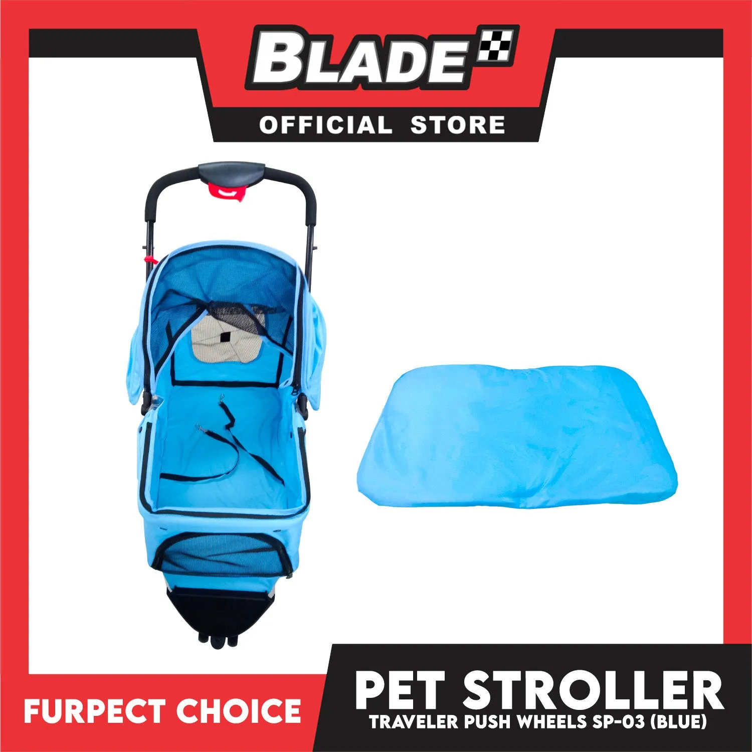 Silver Pet Pet Stroller Travel Push 4 Wheels for Cats and Dogs, Blue Color SP-03