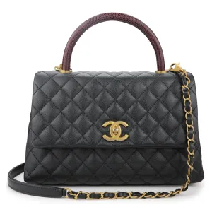 Small Coco Handle Bag with Lizard Handle in Black Caviar