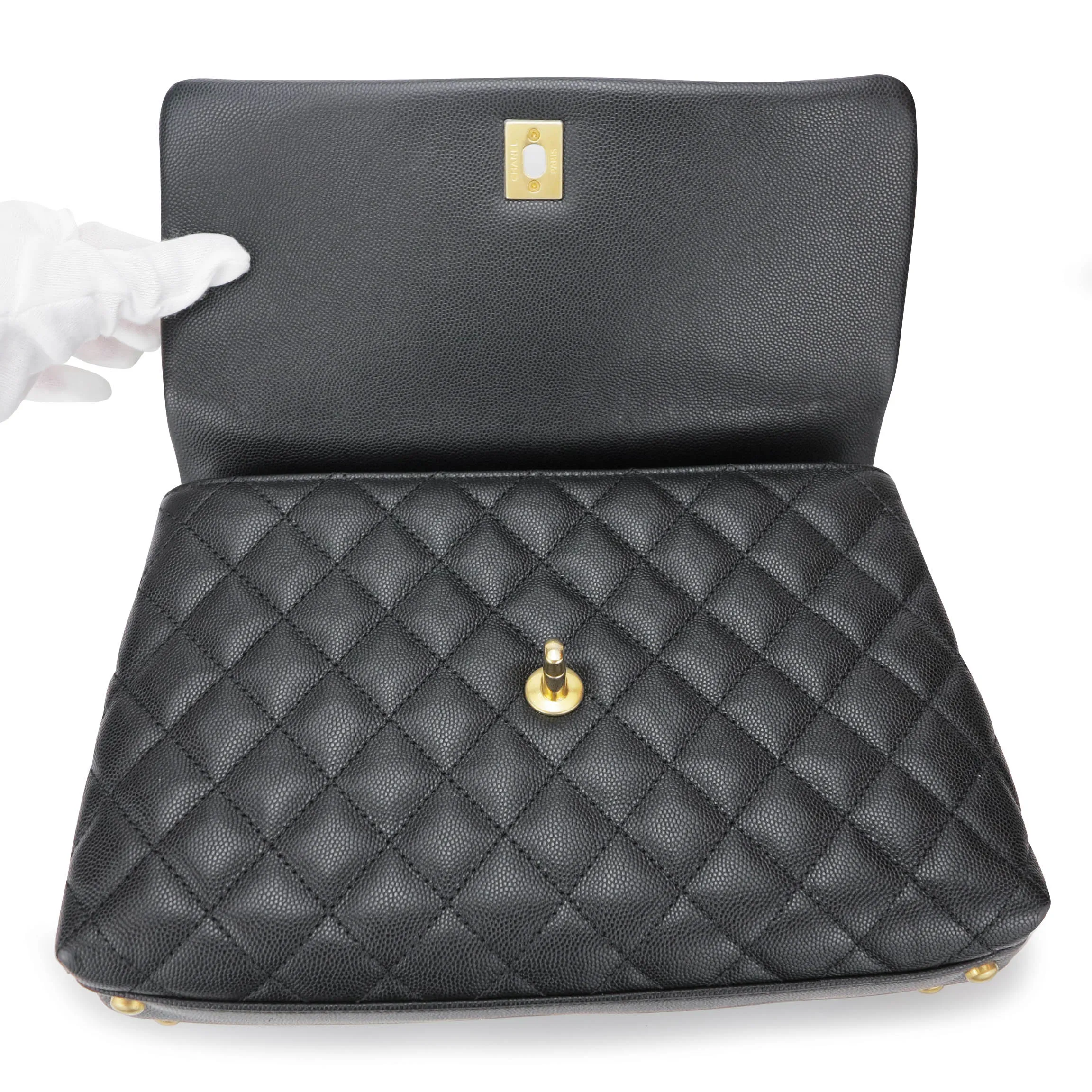 Small Coco Handle Bag with Lizard Handle in Black Caviar