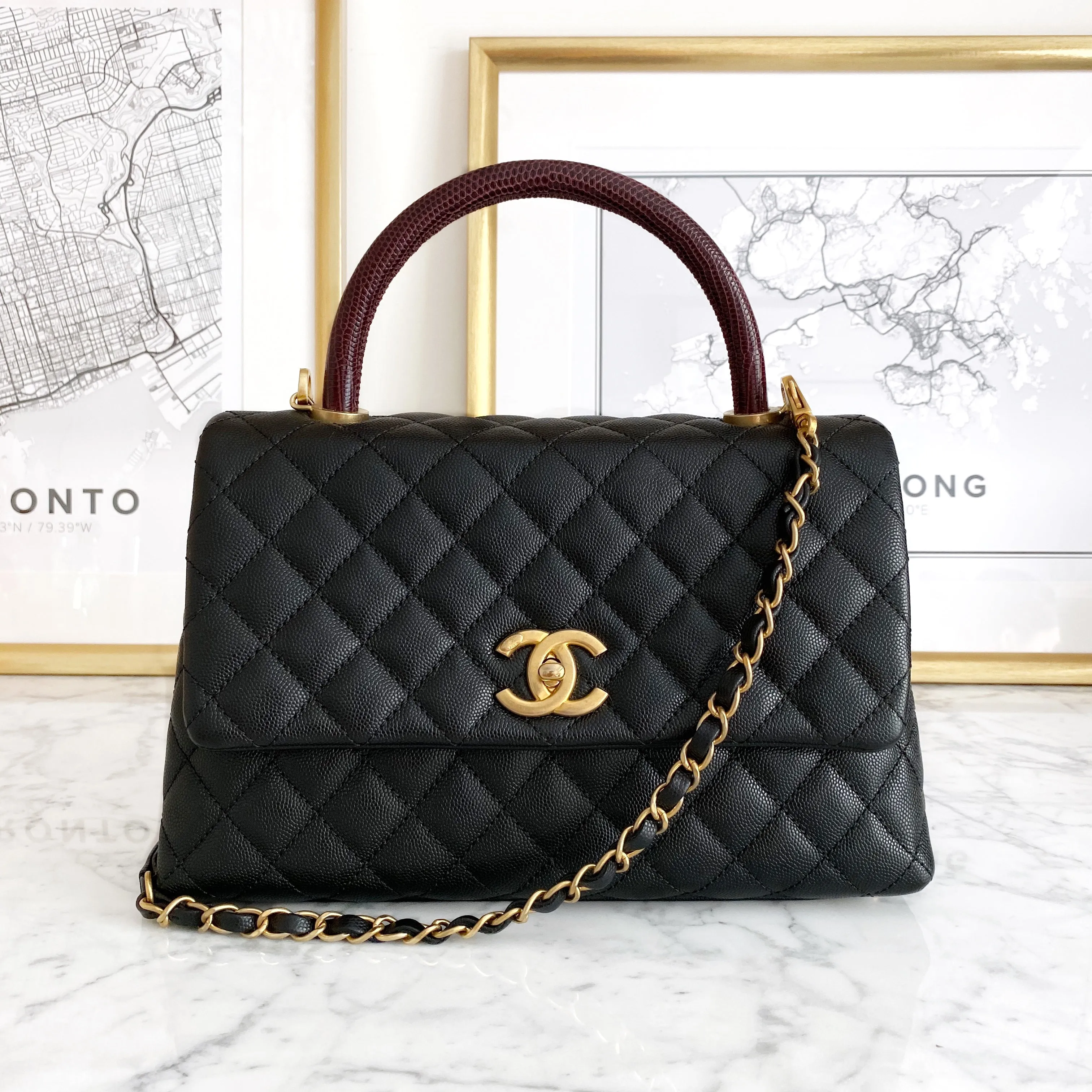 Small Coco Handle Bag with Lizard Handle in Black Caviar