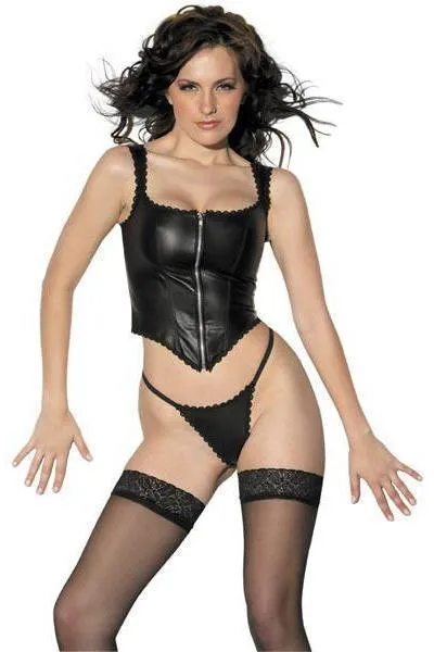 SS-LACE TRIMMED LEATHER BUSTIER-Black