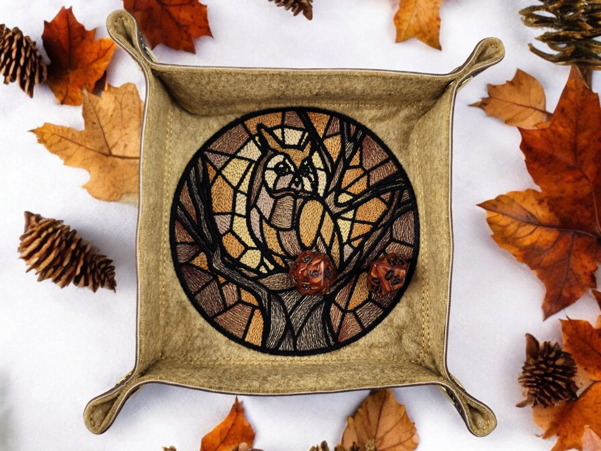 Stained glass style owl dice tray