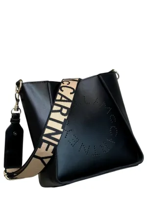 Stella McCartney Logo Perforated Shoulder Bag – Black with Beige Logo Strap