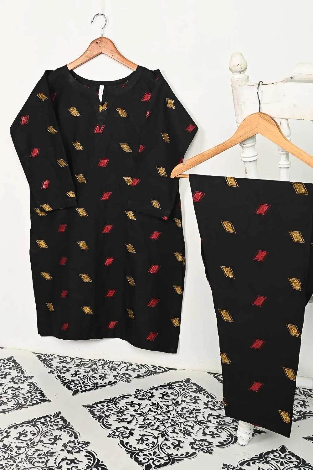 STP-144A-Black - 2PC COTTON EMBROIDERED STITCHED