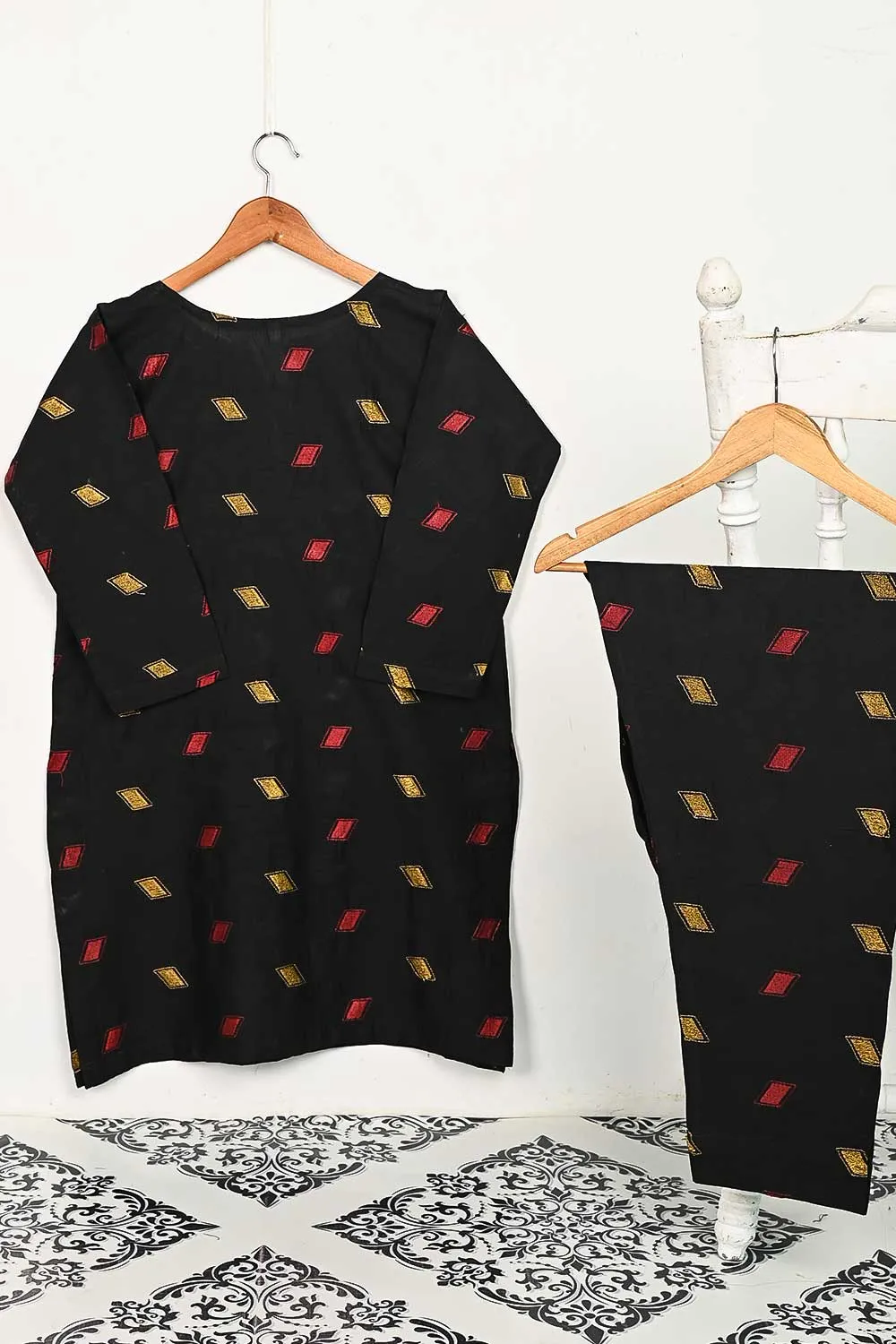 STP-144A-Black - 2PC COTTON EMBROIDERED STITCHED