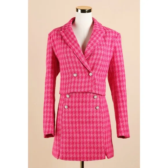 Sz M Cicy Bell Tweed Cropped Blazer &amp; Mini Skirt Set In Bright Pink NWOT