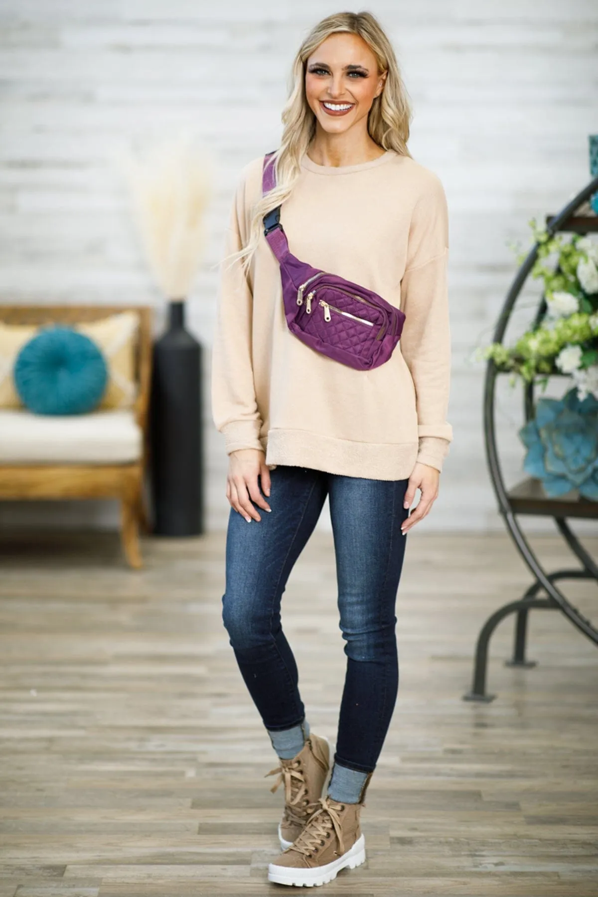 Tan Round Neck Drop Shoulder Top