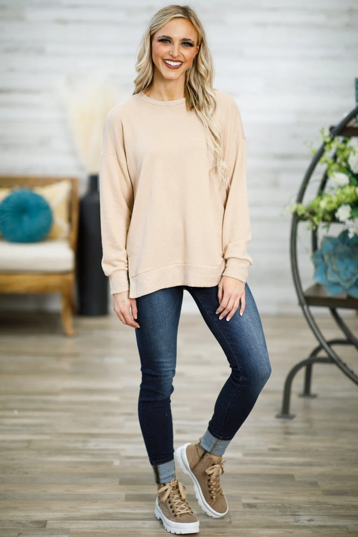 Tan Round Neck Drop Shoulder Top