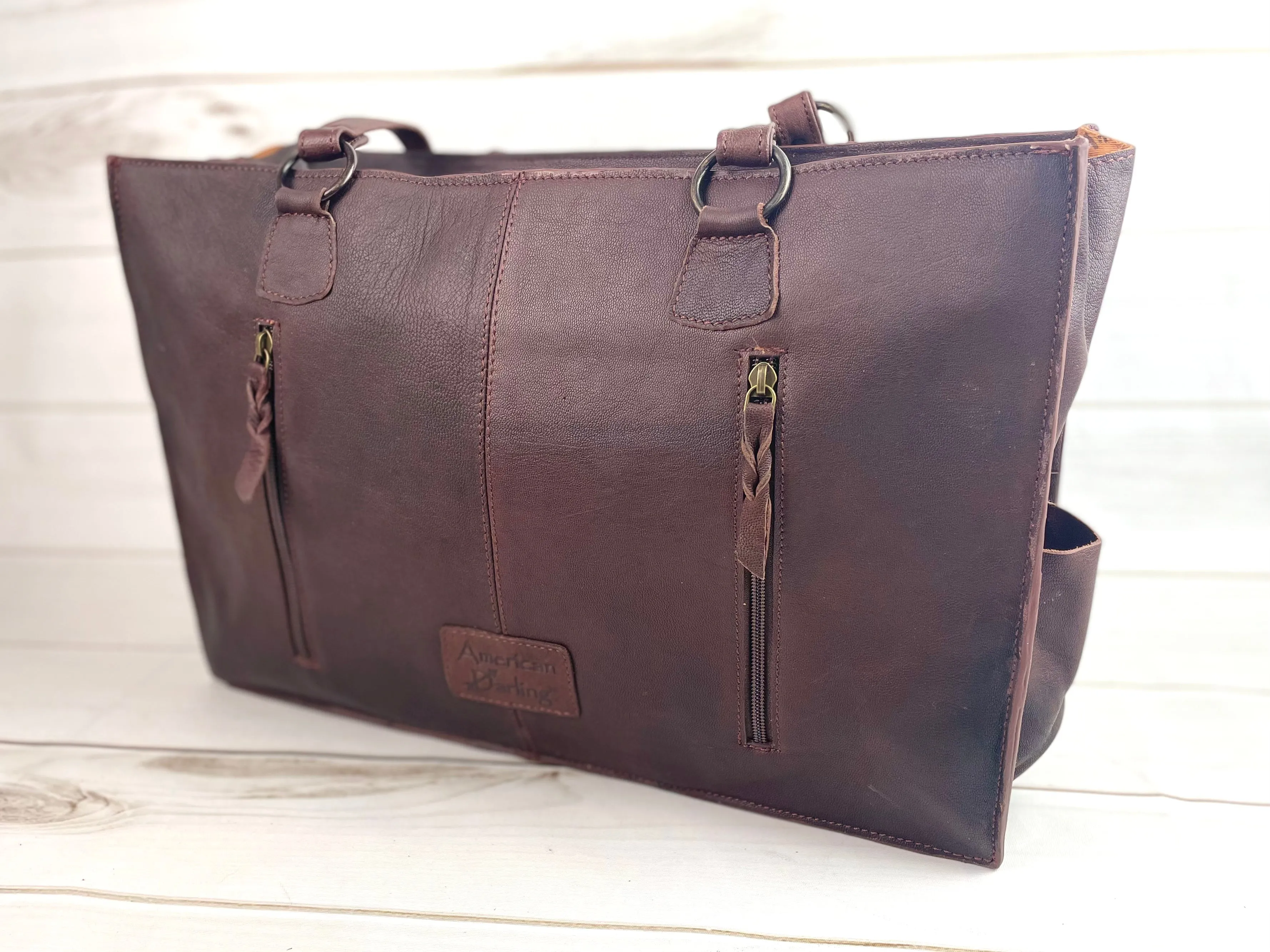 Tan, Wine and Grey Wool with Tooled Leather Swatch Large Western Tote