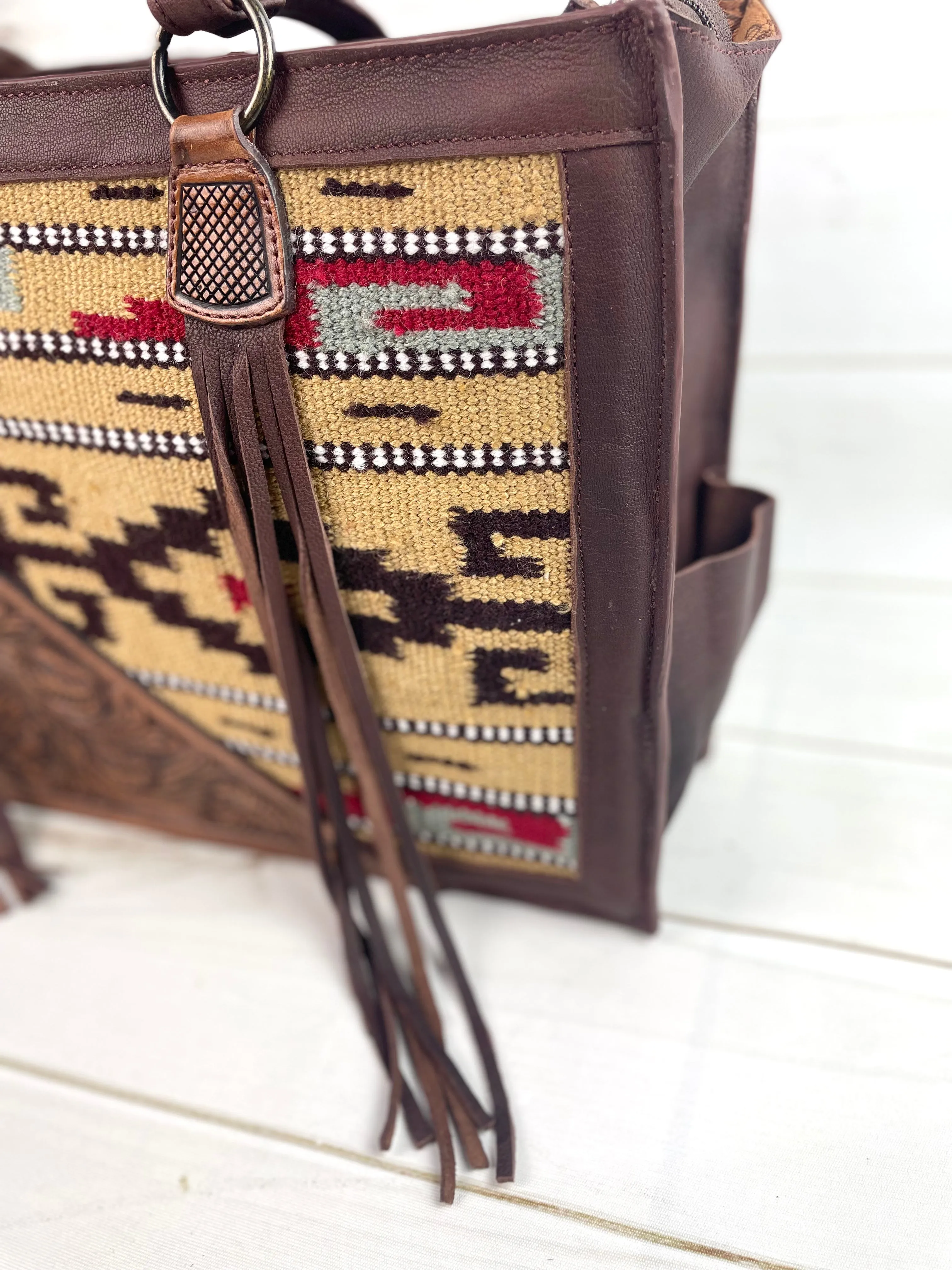 Tan, Wine and Grey Wool with Tooled Leather Swatch Large Western Tote