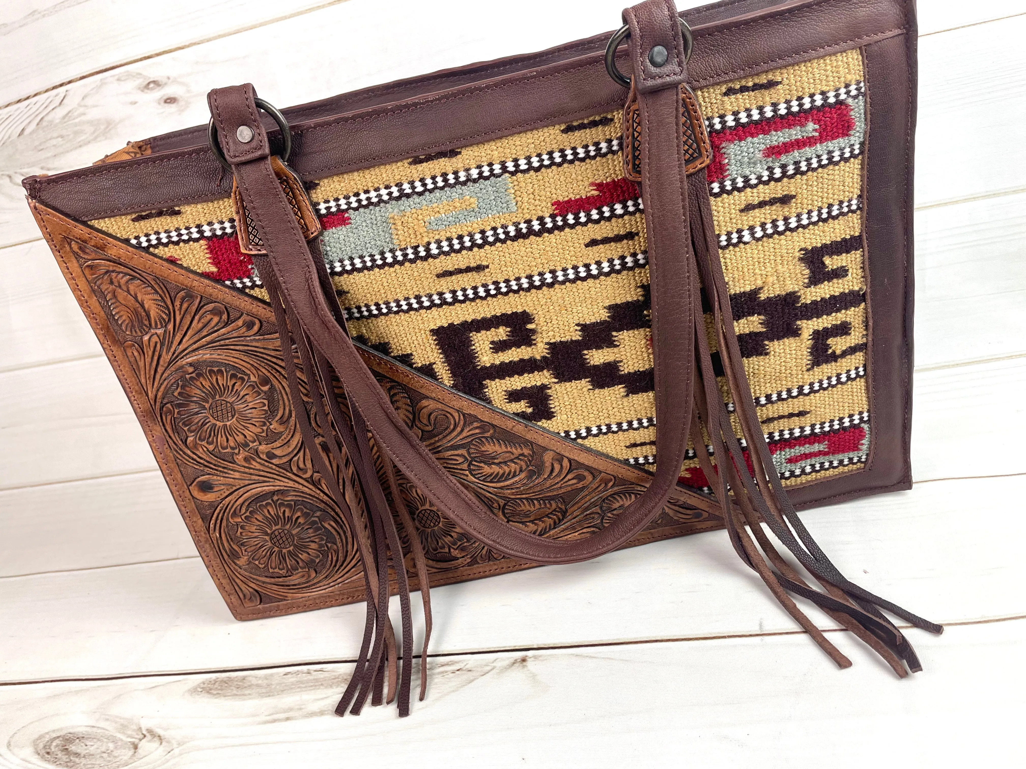 Tan, Wine and Grey Wool with Tooled Leather Swatch Large Western Tote