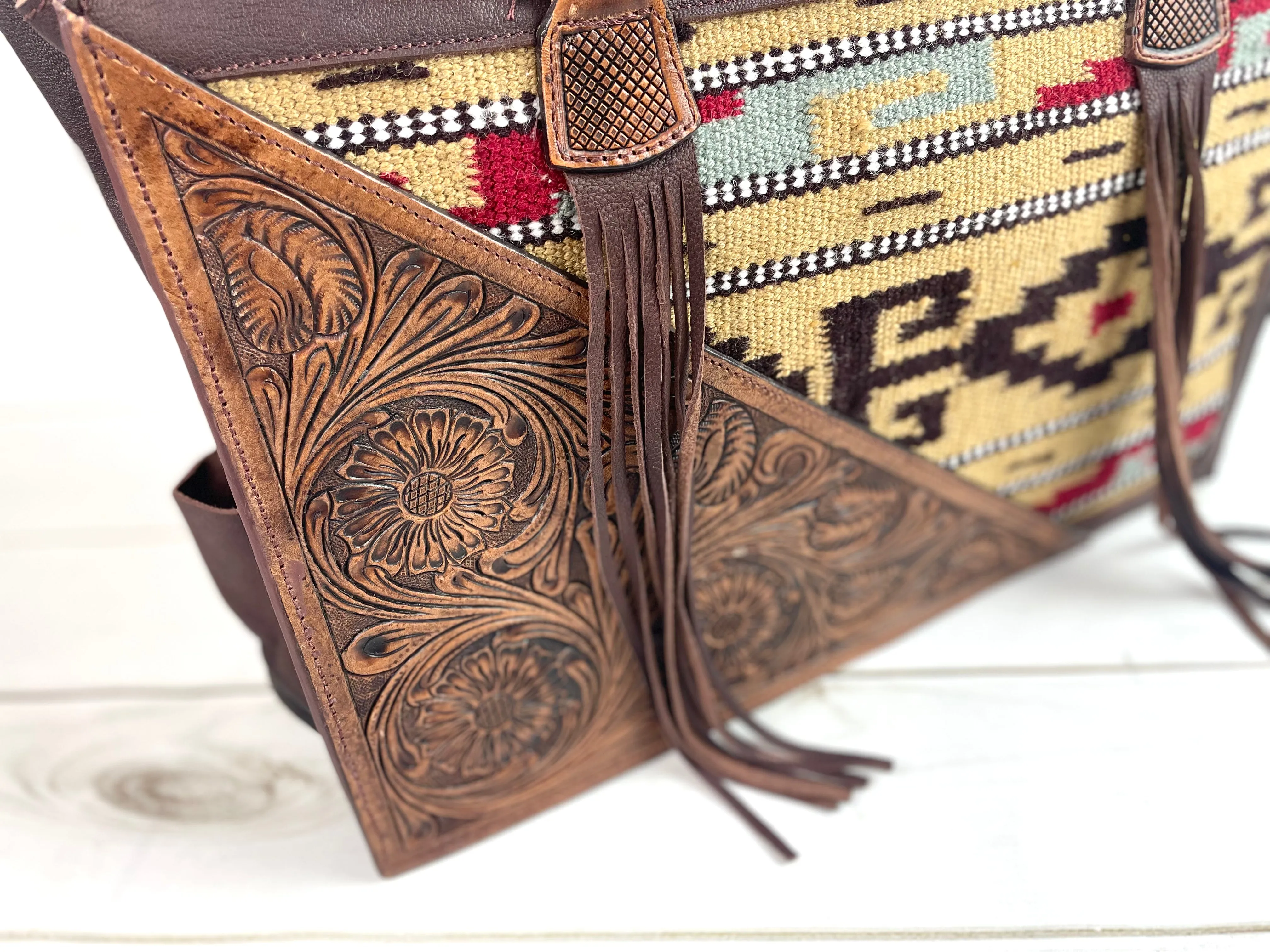 Tan, Wine and Grey Wool with Tooled Leather Swatch Large Western Tote
