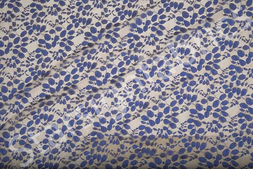 Ten-Saks Blue Leaf Design Lace Embroidery Knitted Fabric