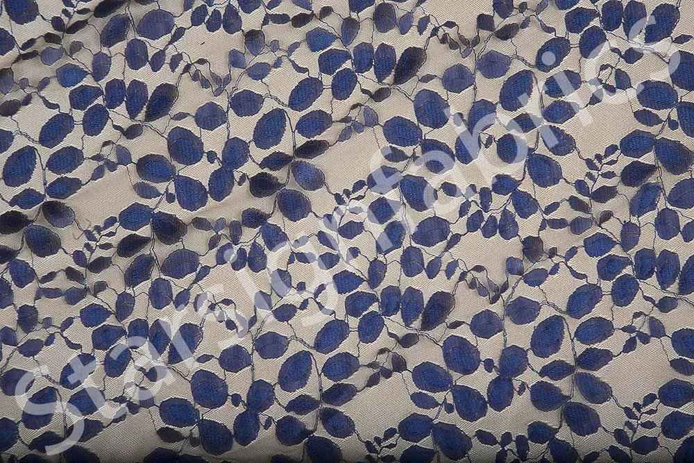 Ten-Saks Blue Leaf Design Lace Embroidery Knitted Fabric