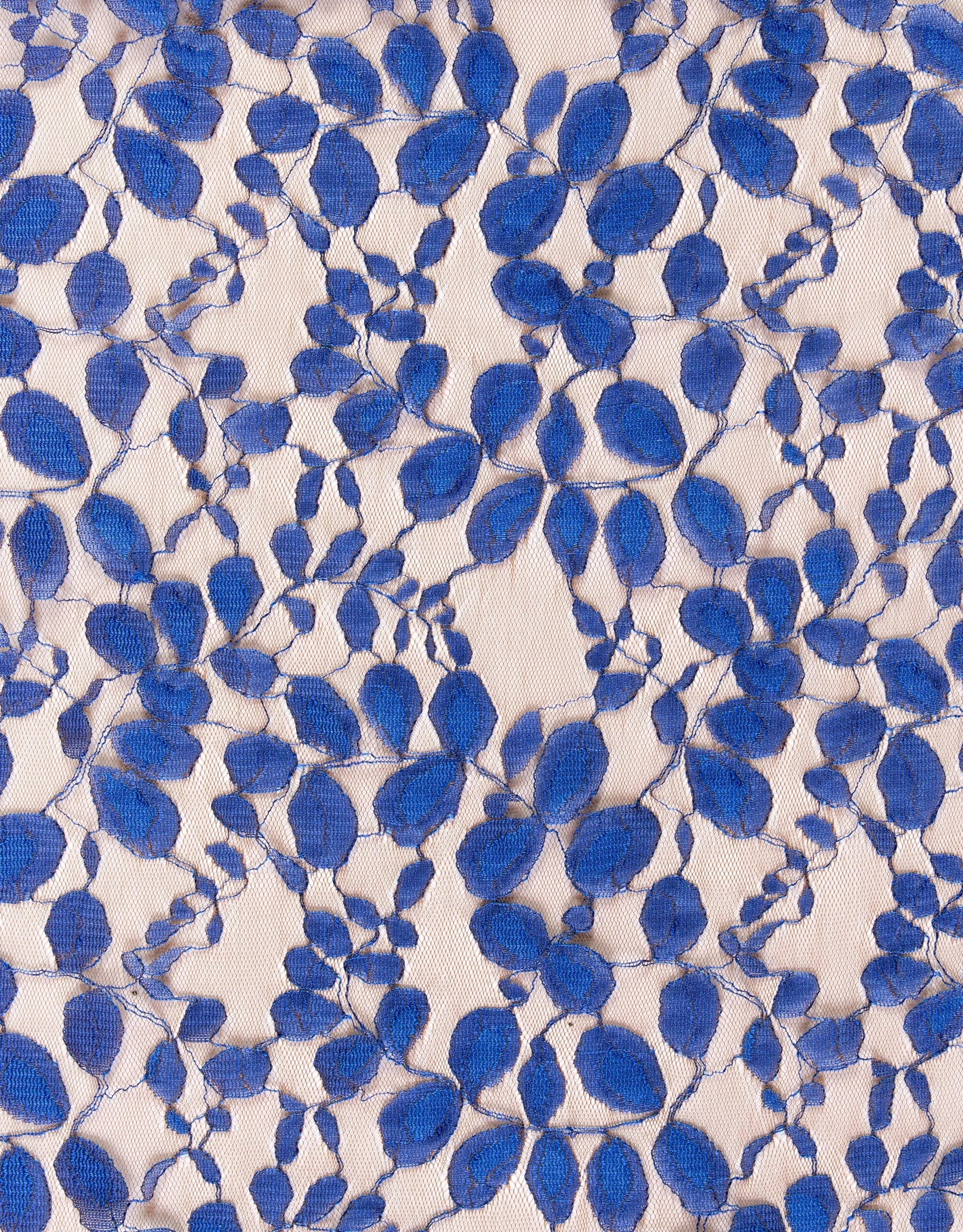 Ten-Saks Blue Leaf Design Lace Embroidery Knitted Fabric