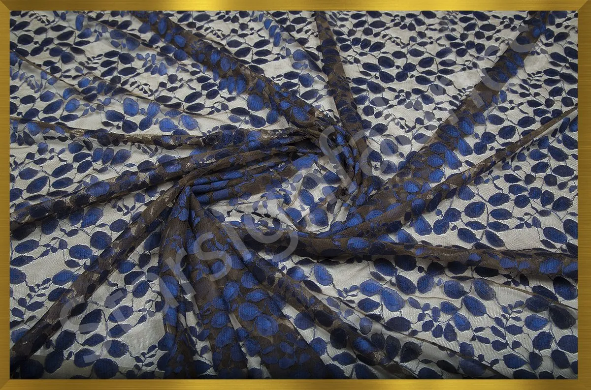 Ten-Saks Blue Leaf Design Lace Embroidery Knitted Fabric