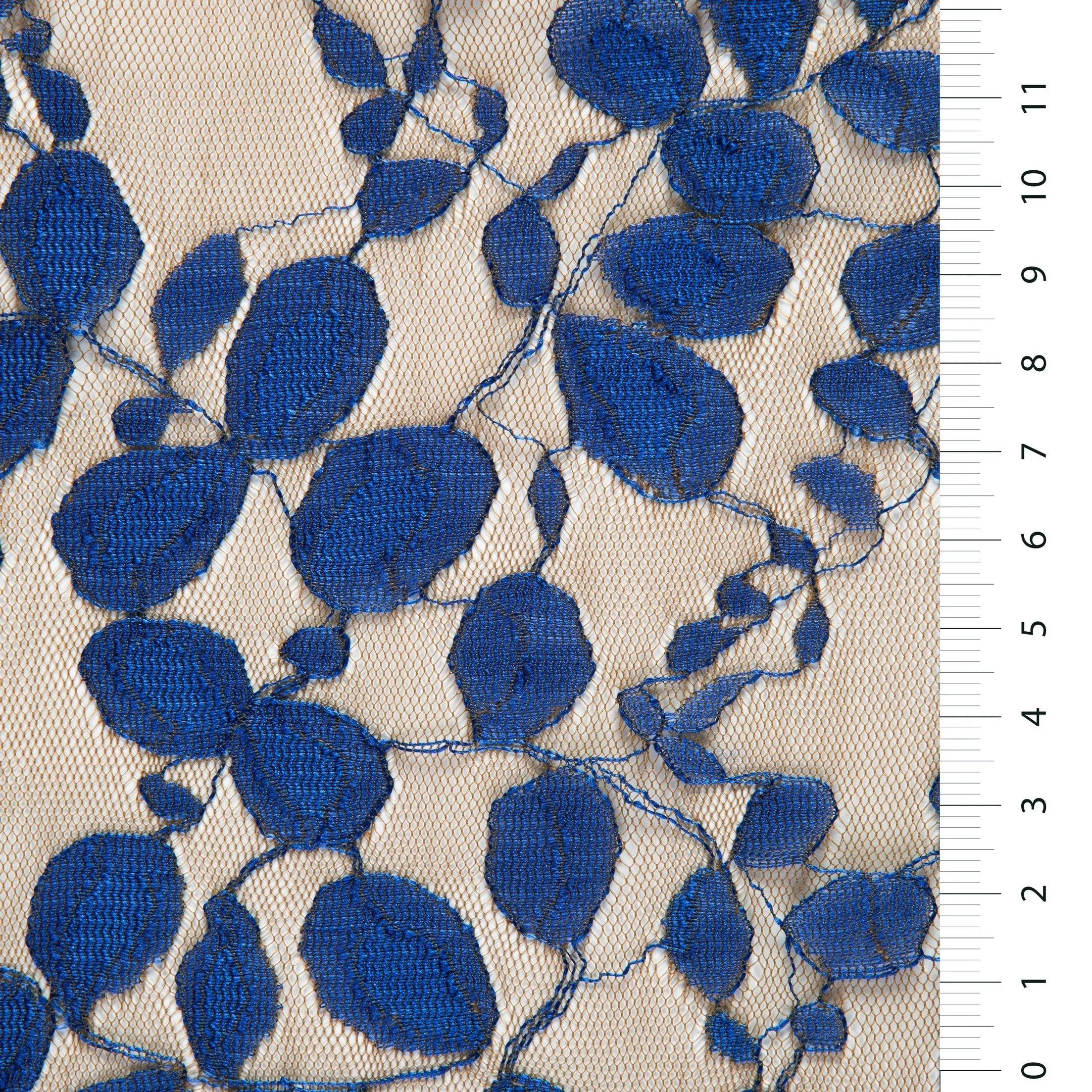 Ten-Saks Blue Leaf Design Lace Embroidery Knitted Fabric