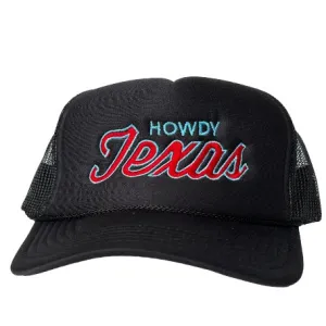 The Oiler Howdy Texas Red & Blue Script Black Mesh Trucker Snapback Cap Hat Custom Embroidered