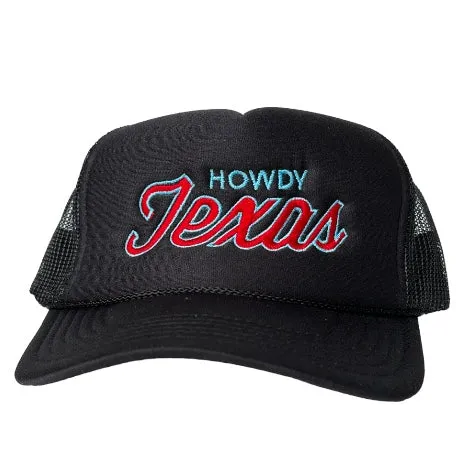 The Oiler Howdy Texas Red & Blue Script Black Mesh Trucker Snapback Cap Hat Custom Embroidered