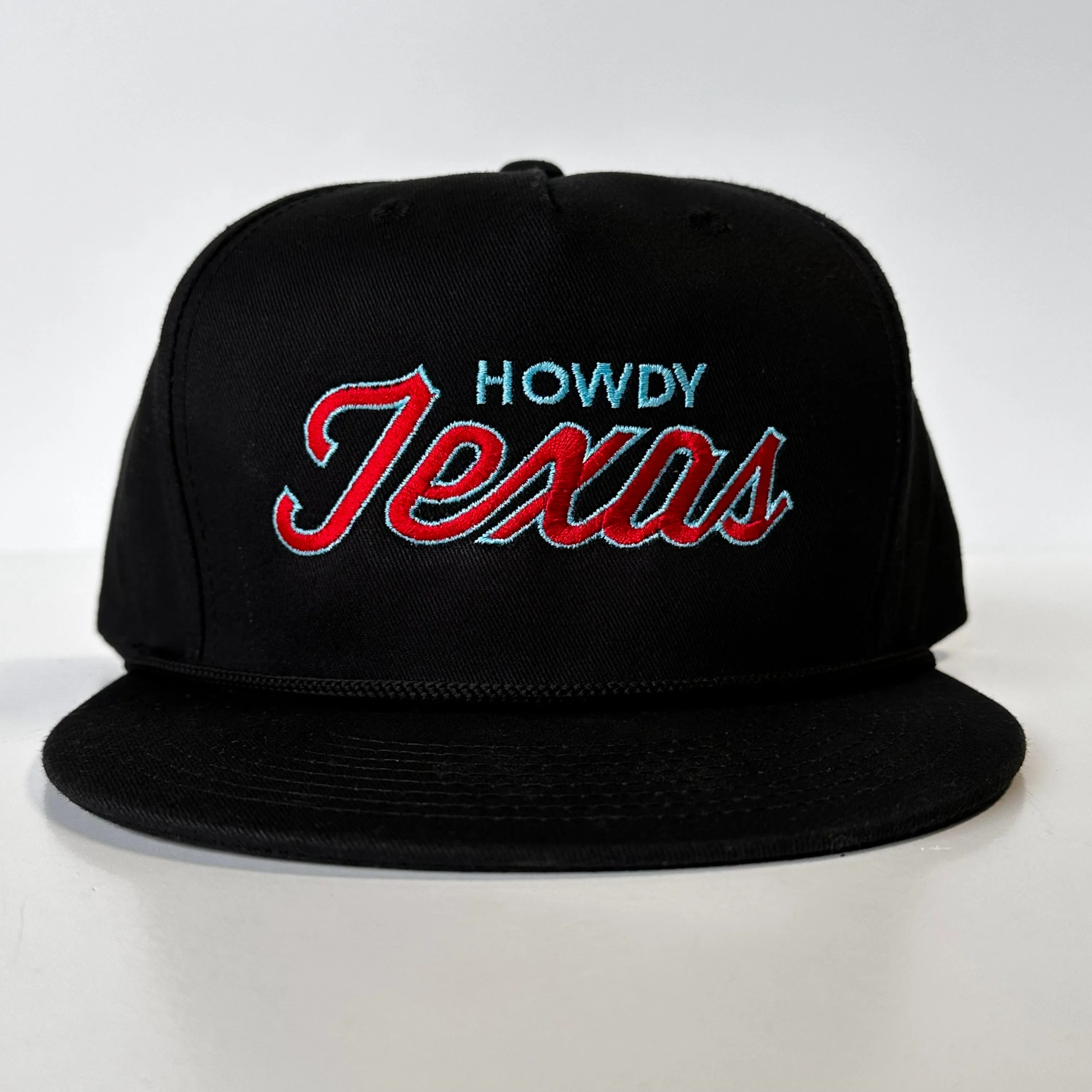 The Oiler Howdy Texas Red & Blue Script Black Rope Snapback Cap Hat Custom Embroidered